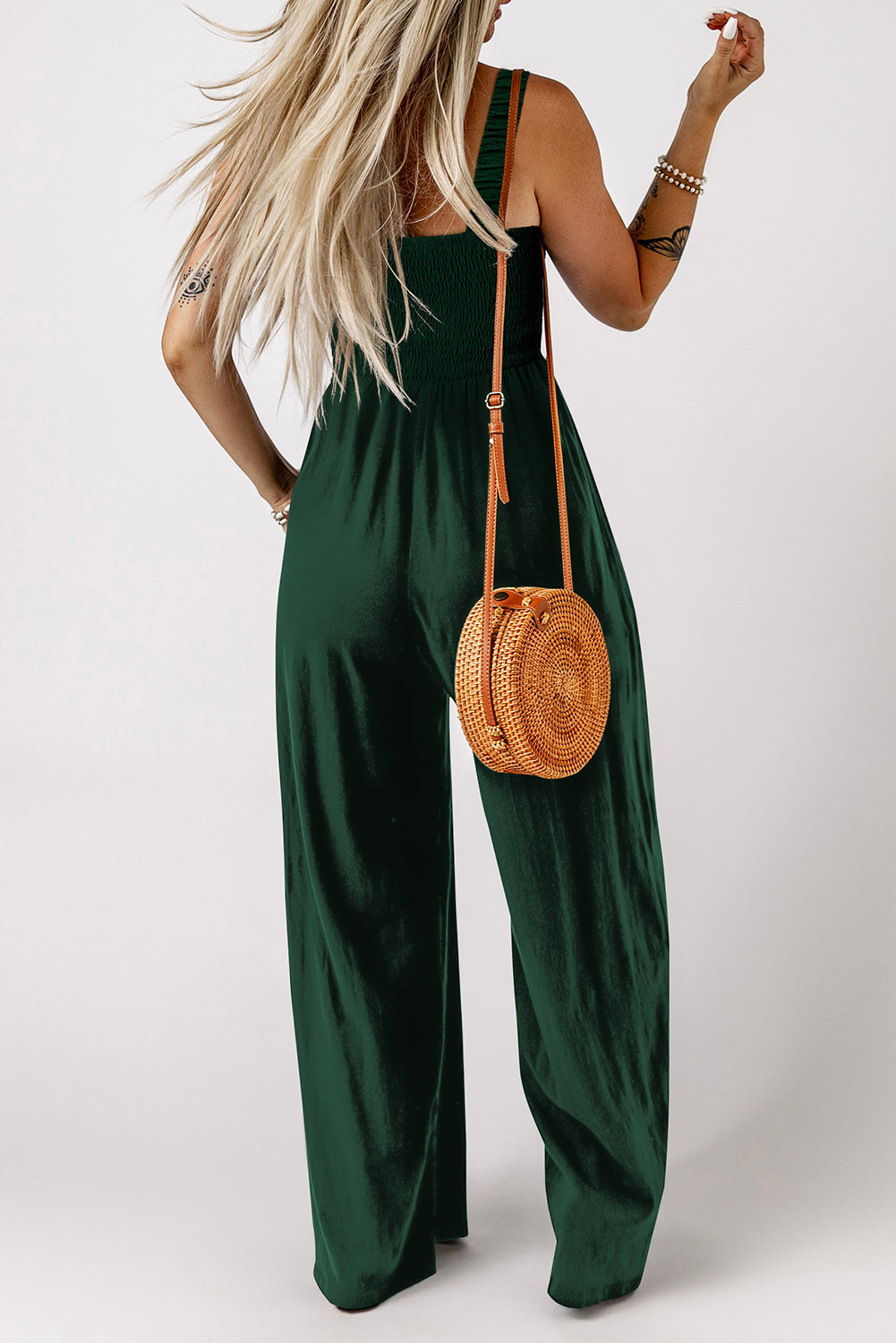 Solid Smocked Sleeveless Wide Leg Jumpsuit with Pockets