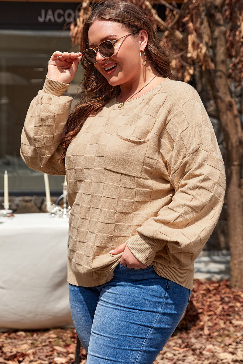 Light French Solid Checkered Textured Knit Plus Size Sweater