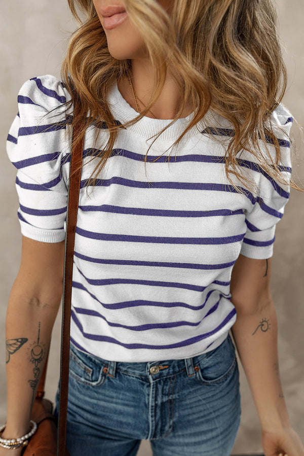 Stripe Ribbed Trim Round Neck Bubble Sleeve Knitted Top