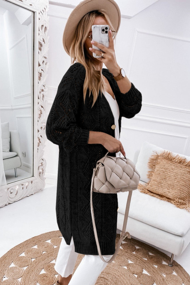 Solid Hollow-out Openwork Knit Cardigan