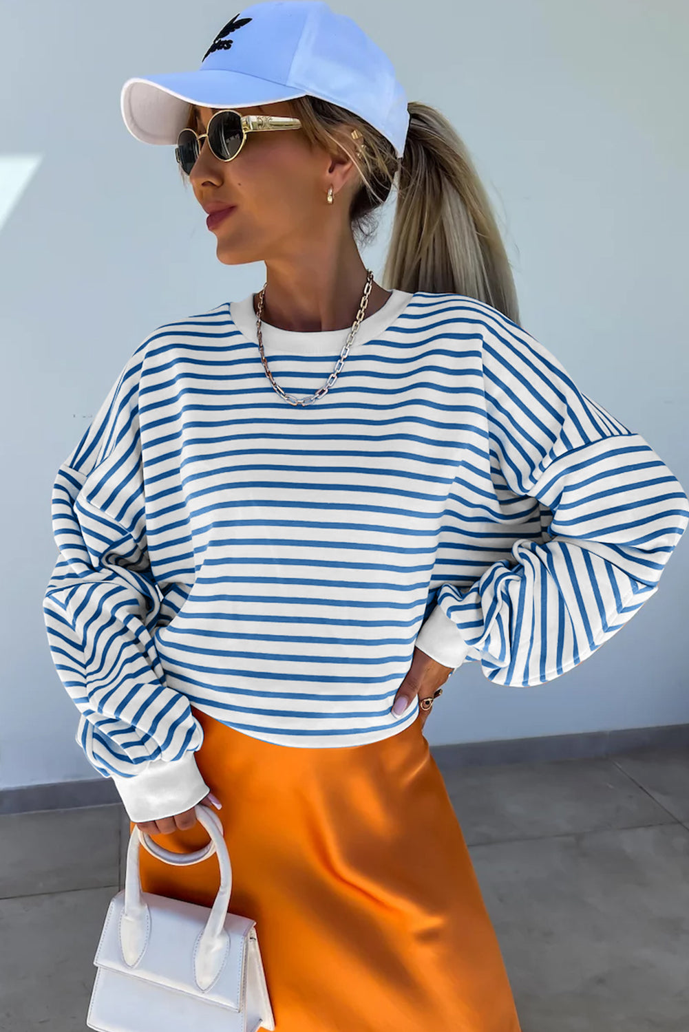 Stripe Drop Shoulder Crew Neck Loose Sweatshirt
