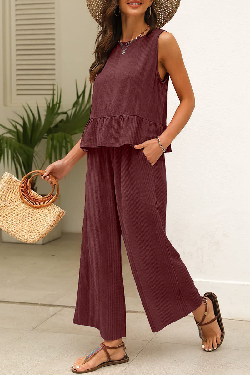 Solid Color Ribbed Ruffle Tank Top and Pants Set