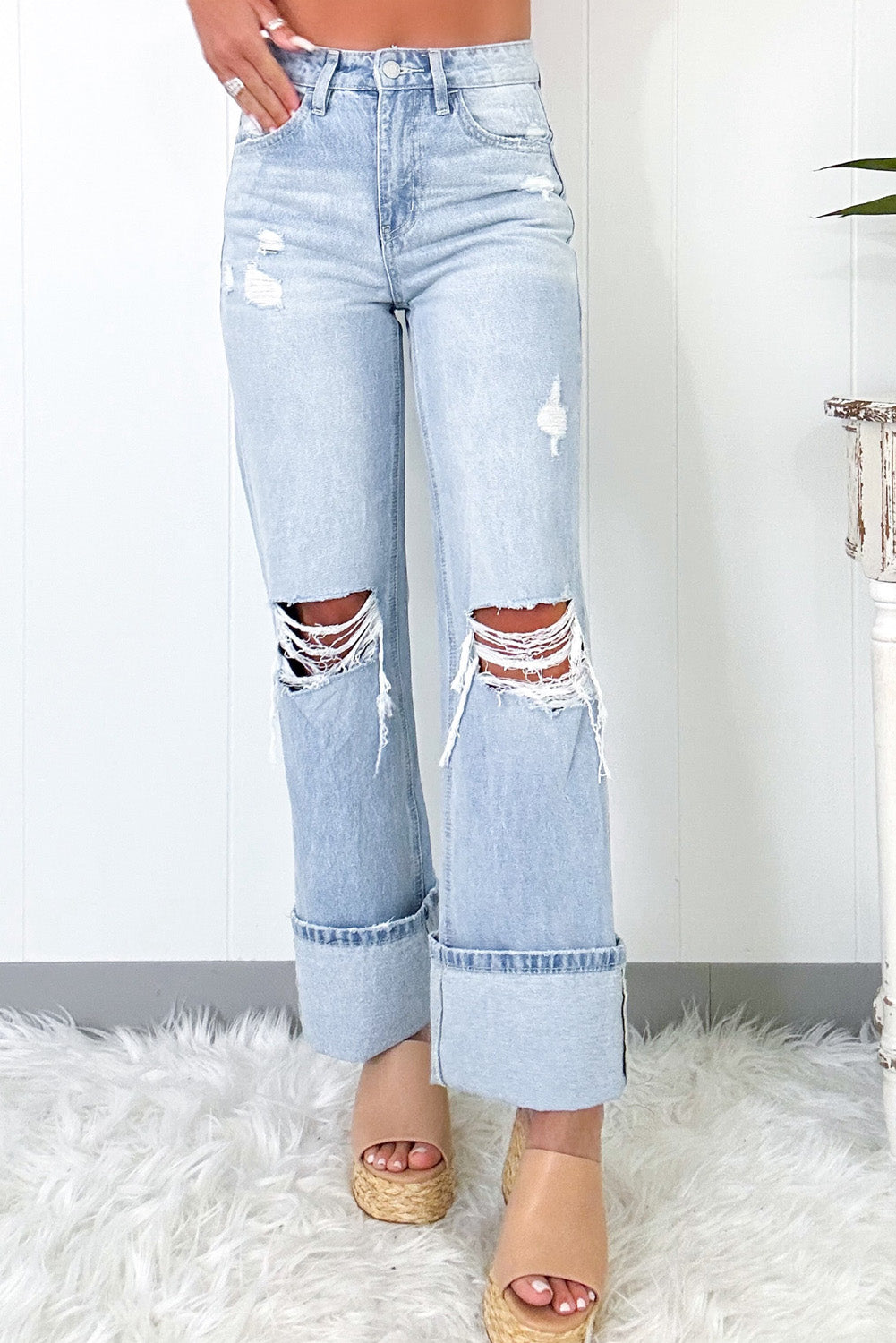 Light Wash Distressed Straight Denim Jeans