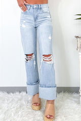 Light Wash Distressed Straight Denim Jeans