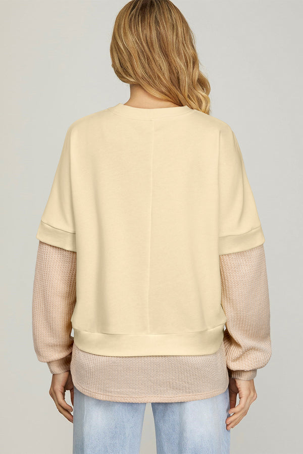 2 in 1 Faux Two Piece Patchwork Round Neck Sweatshirt