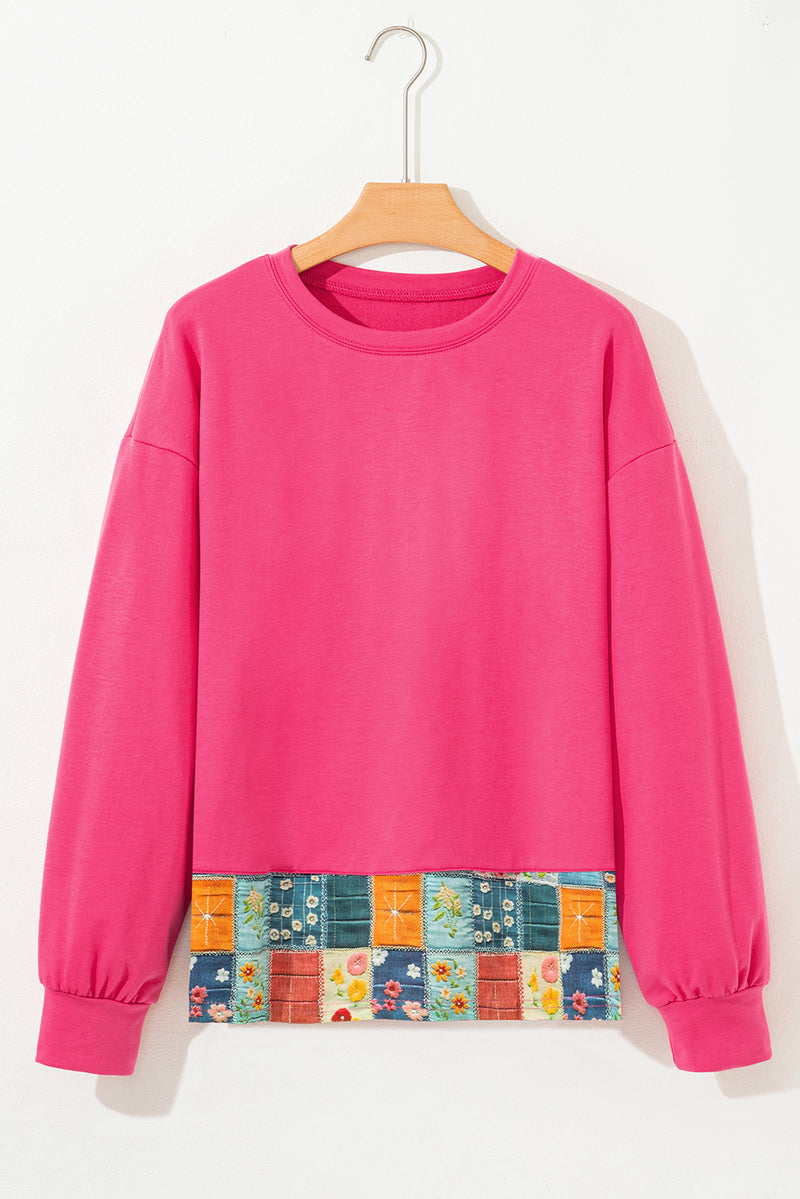 Dark Pink Floral Hemline Patchwork Round Neck Casual Top