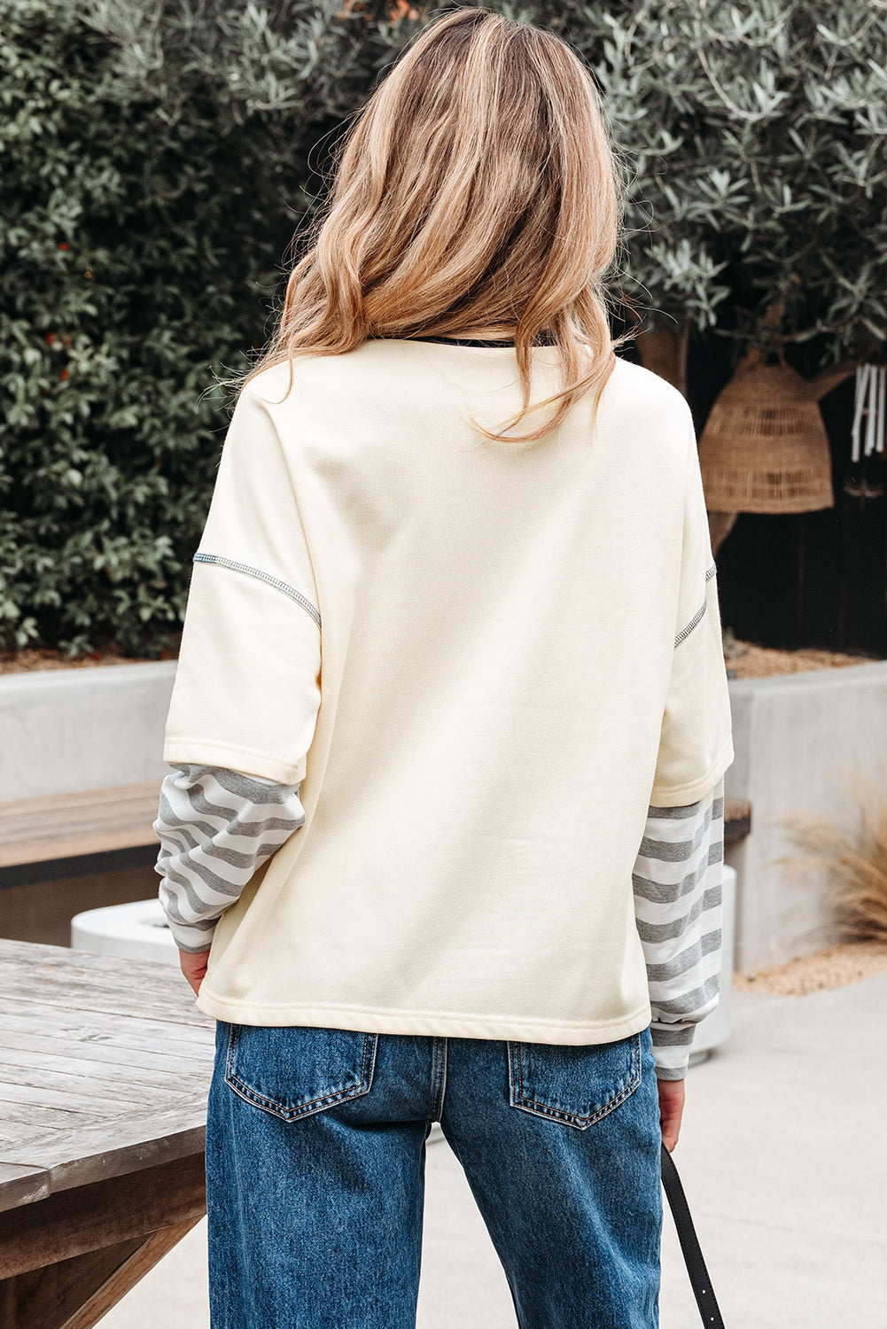 Striped Patchwork Long Sleeve Round Neck Two-in-one Top
