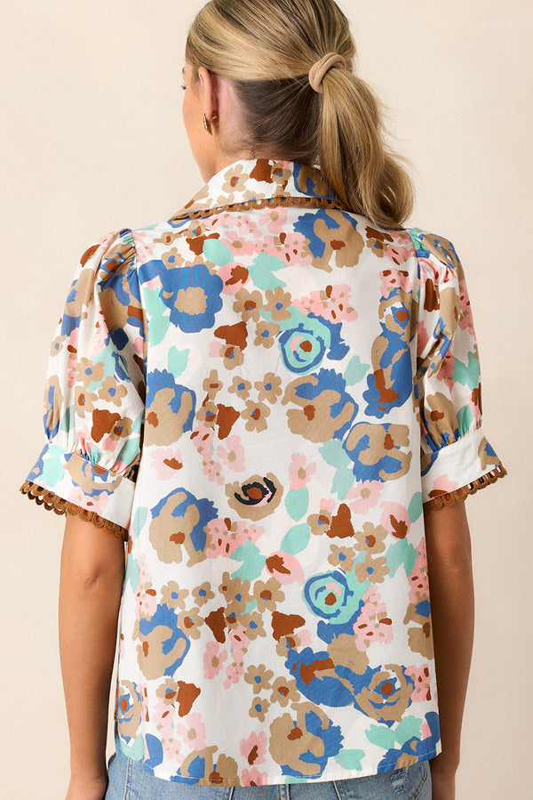 Floral Print Ricrac Trim Collared Puff Short Sleeve Shirt