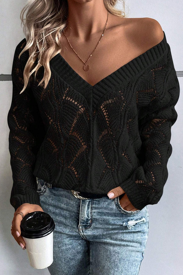 Solid Hollow Out Knit V Neck Drop Shoulder Sweater