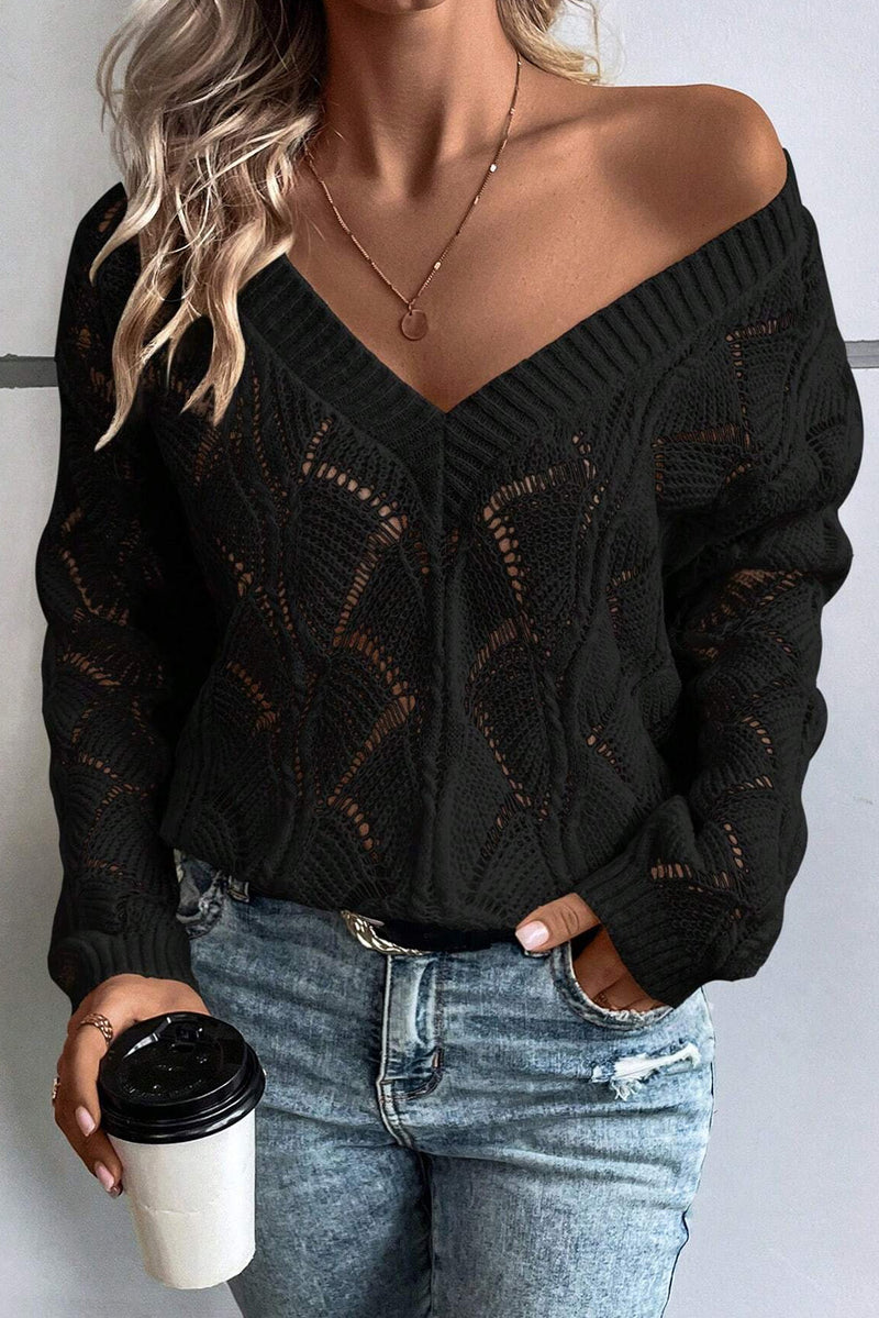Solid Hollow Out Knit V Neck Drop Shoulder Sweater