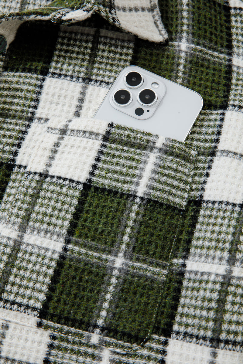Plaid Print Textured Knit Buttoned Shacket