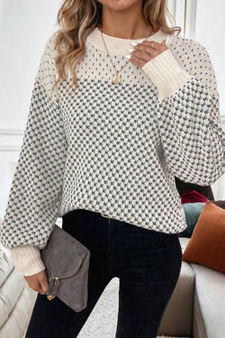 Contrast Color Pattern Lantern Sleeve Sweater