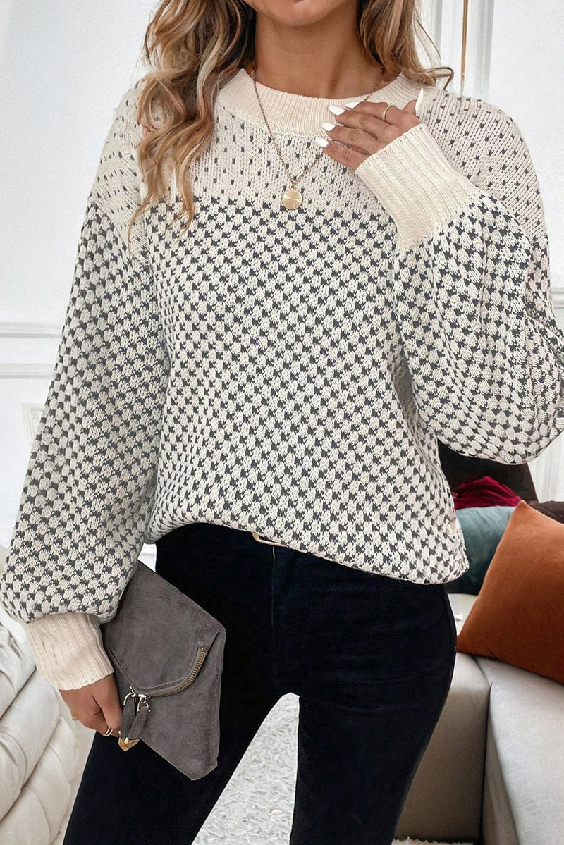 Contrast Color Pattern Lantern Sleeve Sweater