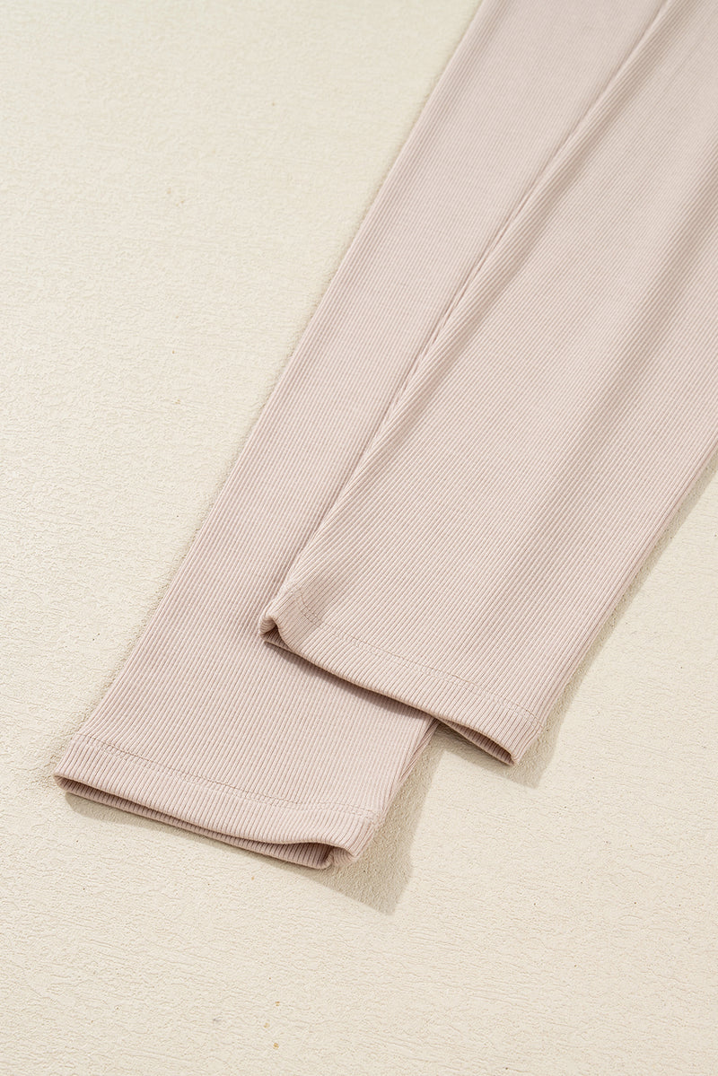 Beige Solid Color Oversize Slit Sweatshirt Ribbed Leggings 2pcs Set