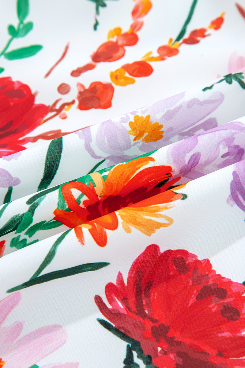 Multicolour Floral Print 3/4 Puff Sleeve Ricrac Trim Mini Dress