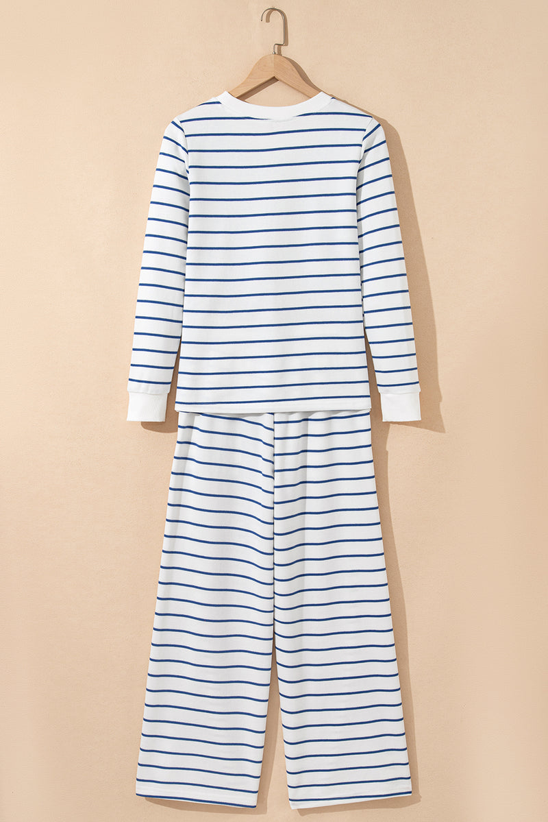 Striped Long Sleeve Top Drawstring Wide Leg Pants 2pcs Outfit