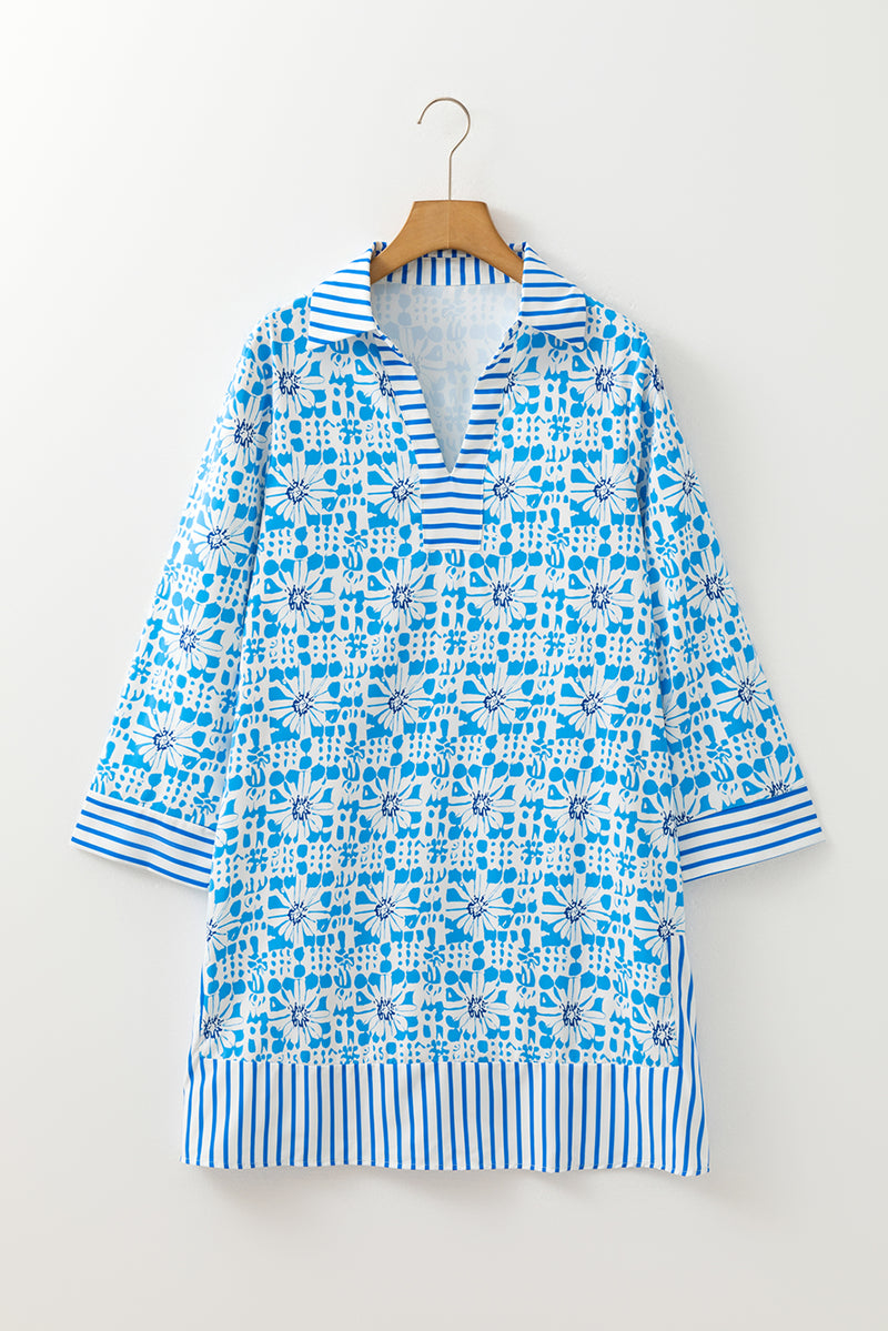 Contrast Striped Trim Floral Shift Fit Fall Dress