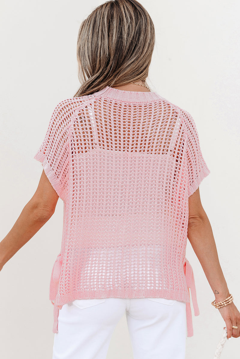 Hollow-out Crochet Side Tied Short Sleeve Sweater