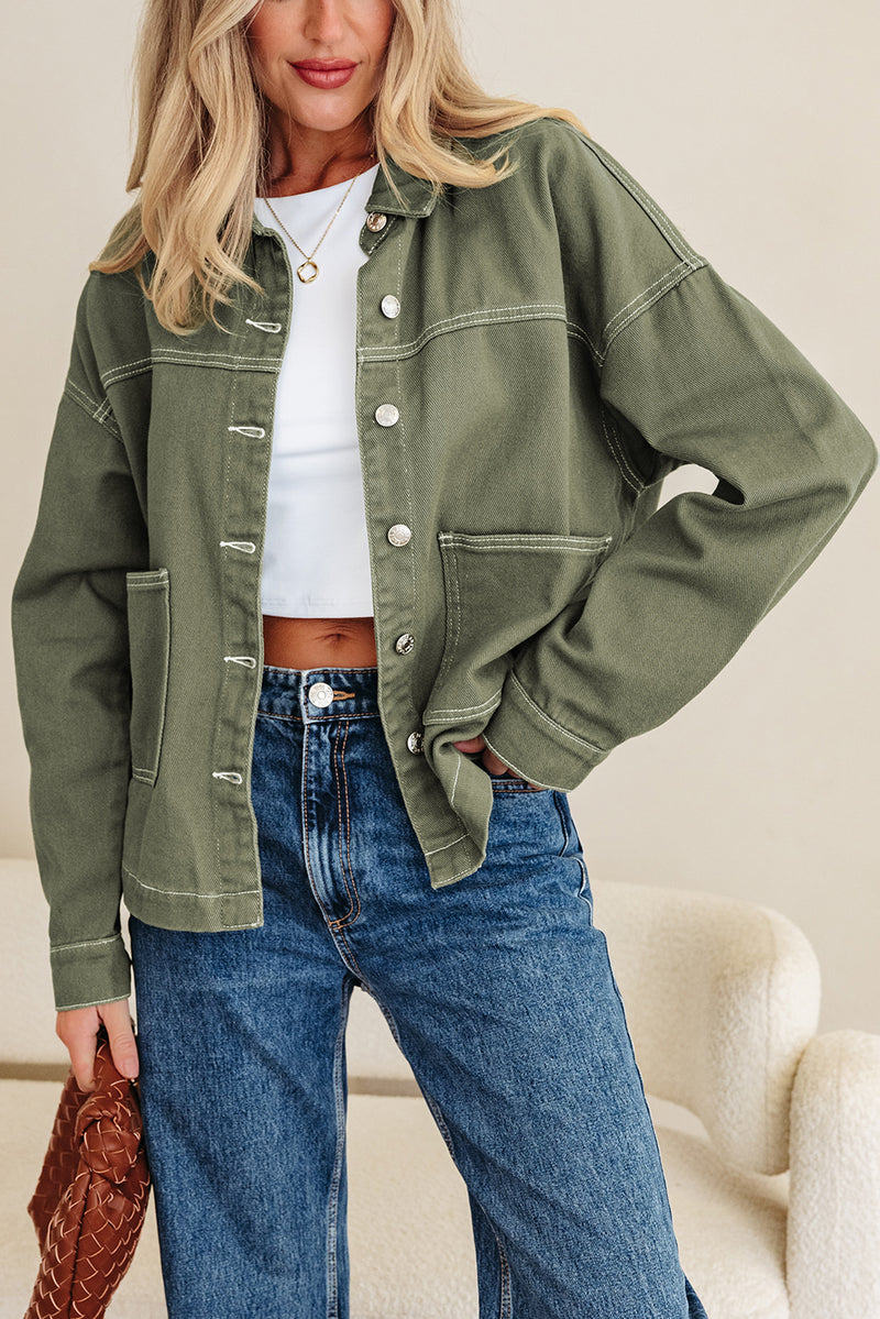 Moss Green Patched Pocket Collared Button Front Boyfriend Denim Jacket