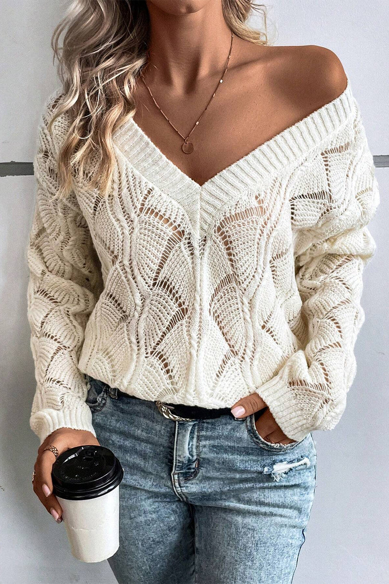 Solid Hollow Out Knit V Neck Drop Shoulder Sweater