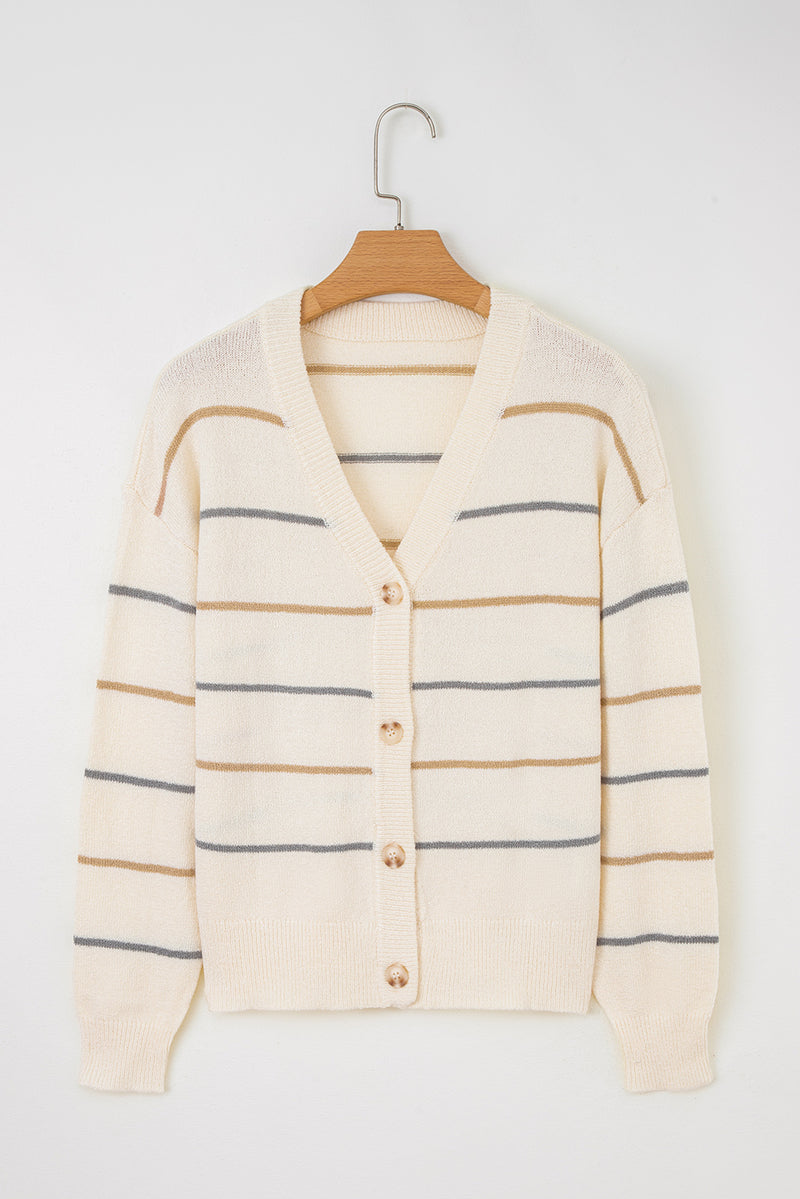 Multicolour Striped Buttoned Front V Neck Drop Shoulder Cardigan Sweater