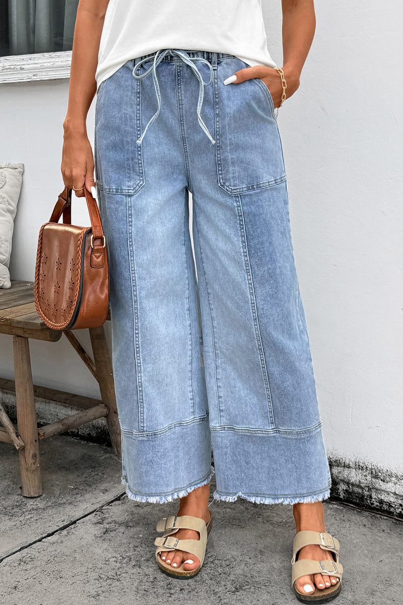 Drawstring Seam Detail Raw Hem Wide Leg Denim Pants