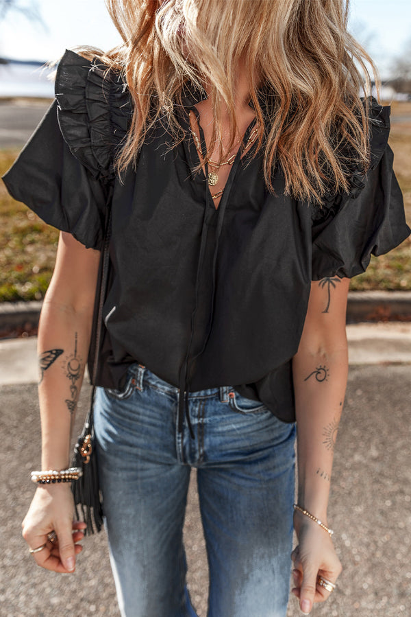 Black Ruffled Puff Short Sleeve Loose Blouse