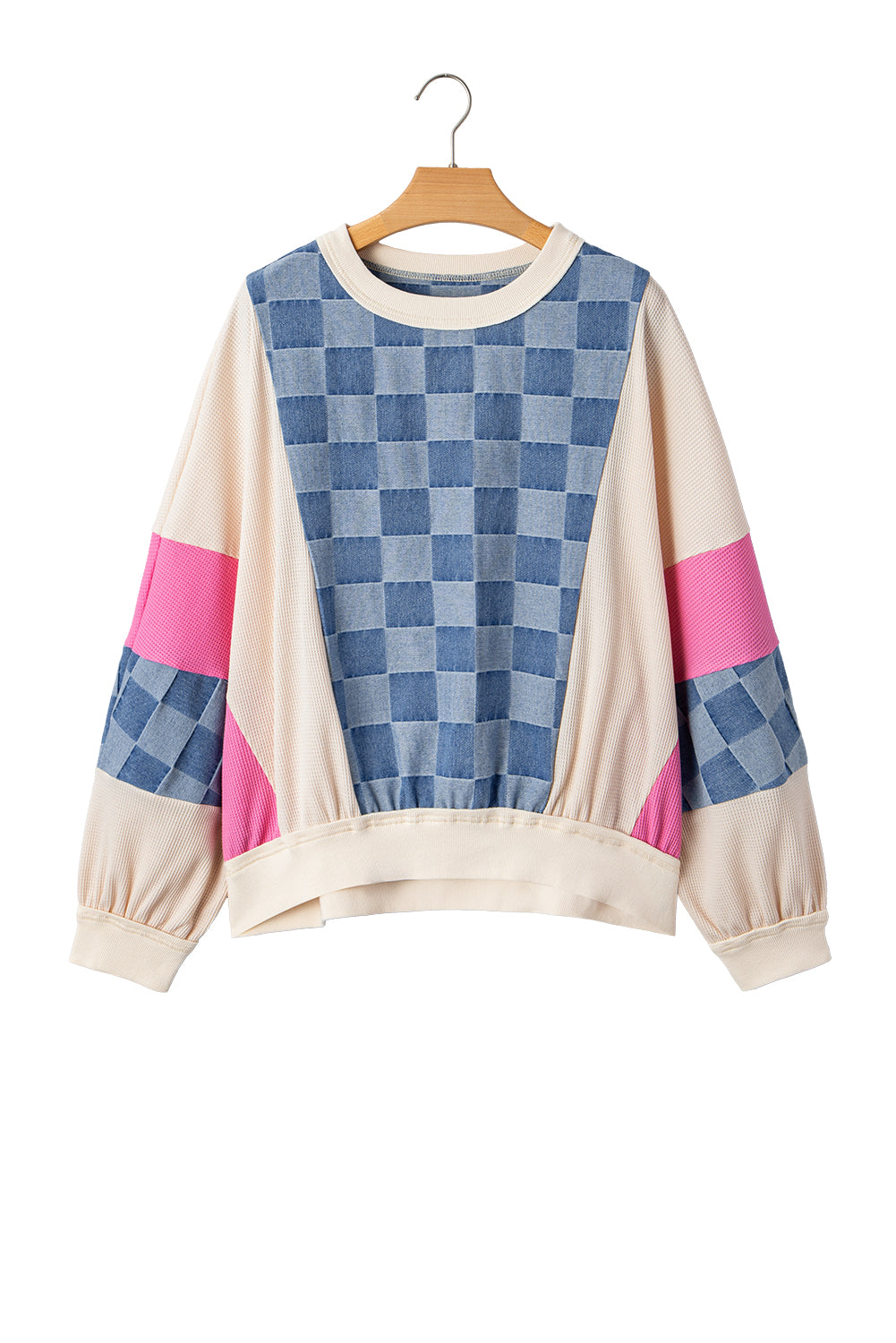 Oversized Checkered Denim Exposed Seam Patchwork Casual Sweatshirt