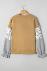 Floral Striped Patchwork Ruffled Sleeve Crew Neck Sweatshirt