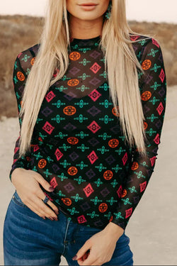 Western Aztec Printed Long Sleeve Mesh Top