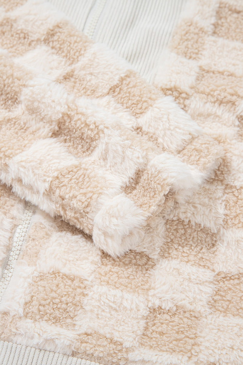 Checker Sherpa Corduroy Patchwork Zip up Collared Jacket