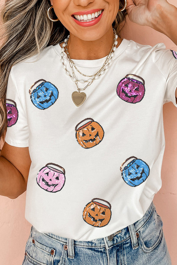 Sequin Pumpkin Face Patched Crew Neck Holiday T Shirt