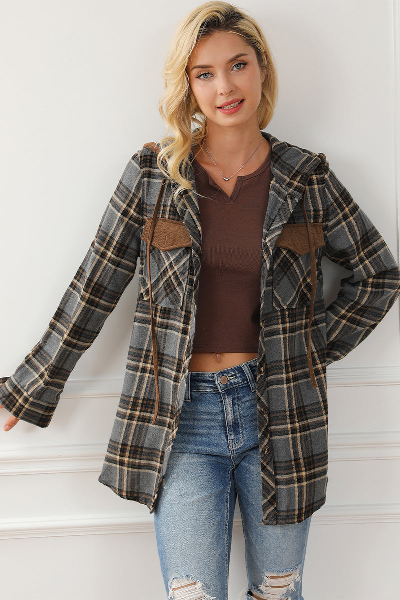 Coat Contrast Hooded Drawstring Plaid Shacket