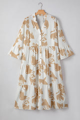 Khaki Patterned Ruffled Sleeve Half Placket Tiered A-line Plus Size Long Dress
