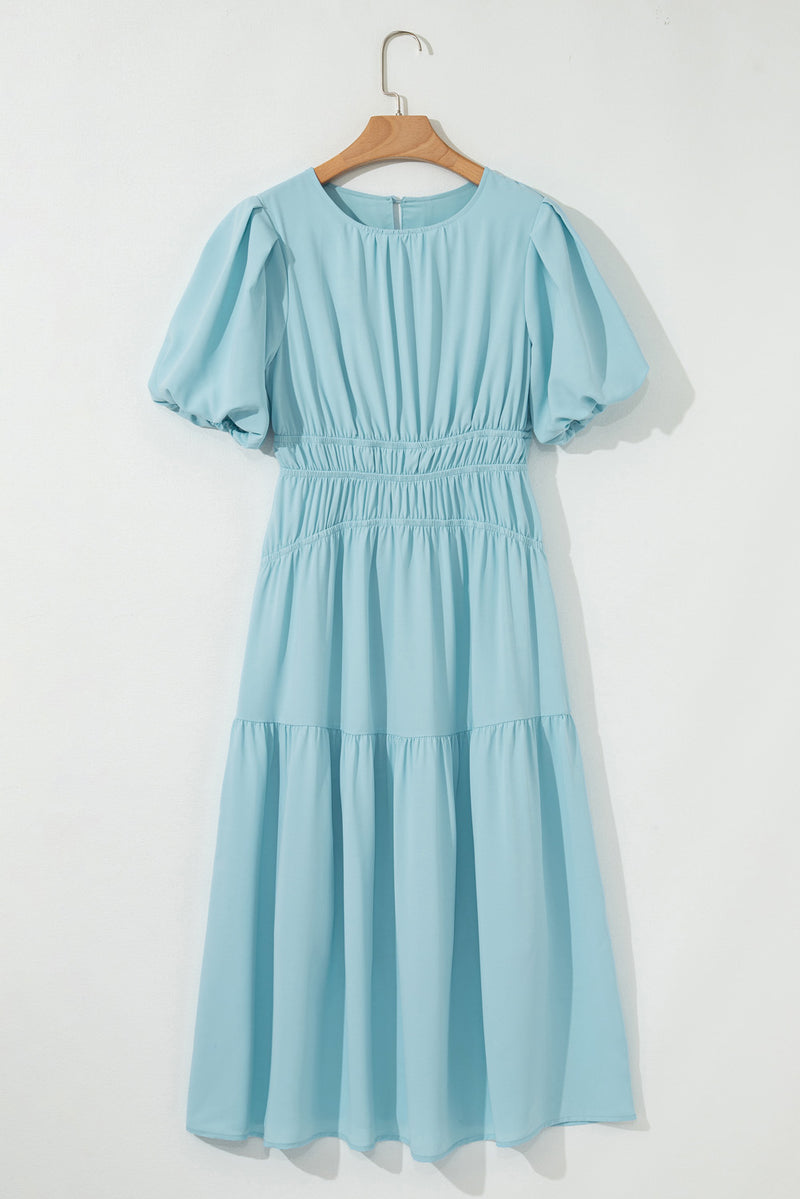 Solid Puff Sleeve Pleated High Waist Flowy Midi Dress