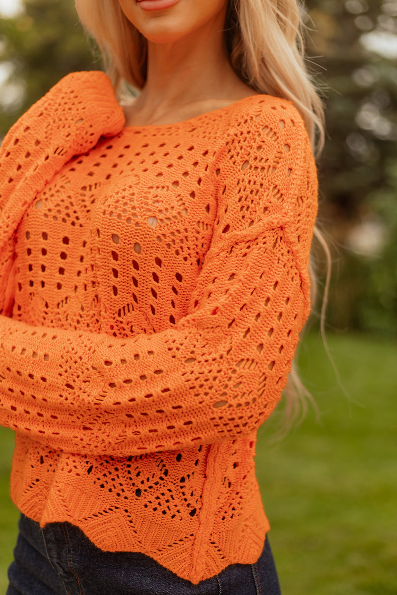 Orange Solid Color Open Crochet Scallop Edge Sweater