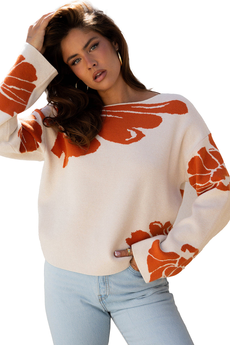 Cinnamon Brown Bold Flower Pattern Wide Sleeve Baggy Sweater