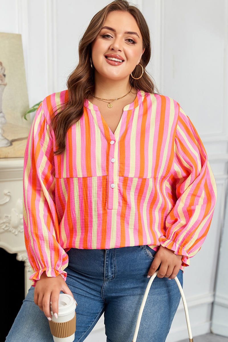 Stripe Crinkled Half Buttons V Neck Plus Size Blouse