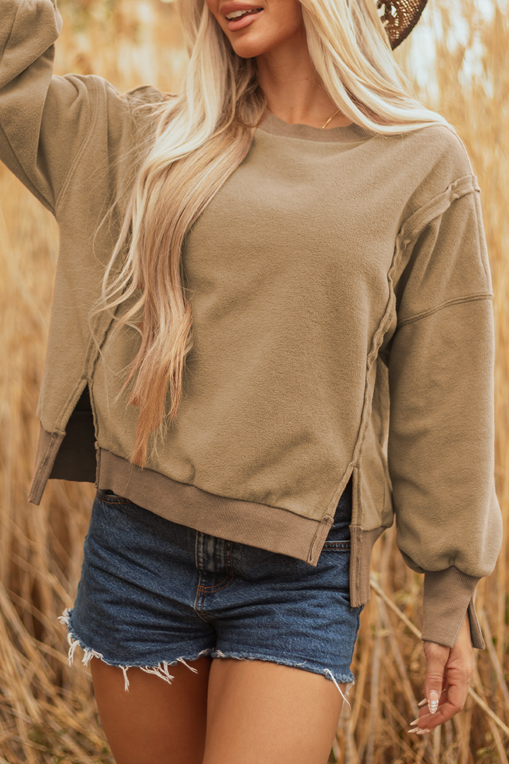 Fuzzy Sherpa Splicing Pullover Sweatshirt with Side Slit