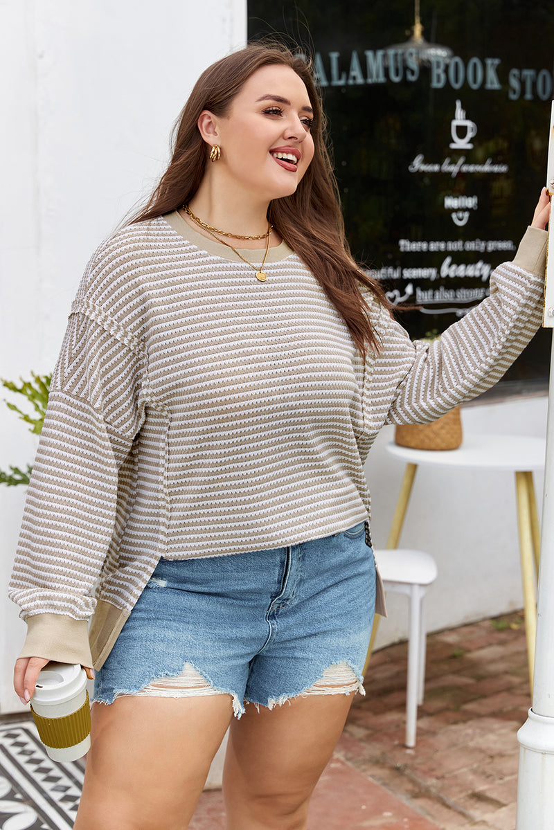 Stripe Plus Size Breathable Knit Ribbed Trim Long Sleeve Top