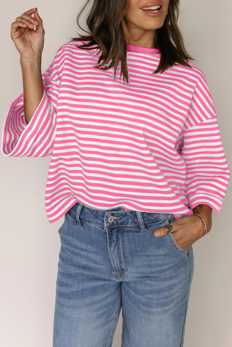Stripe Bowknot Cutout Back Drop Shoulder Wide Bracelet Sleeve Loose Tee