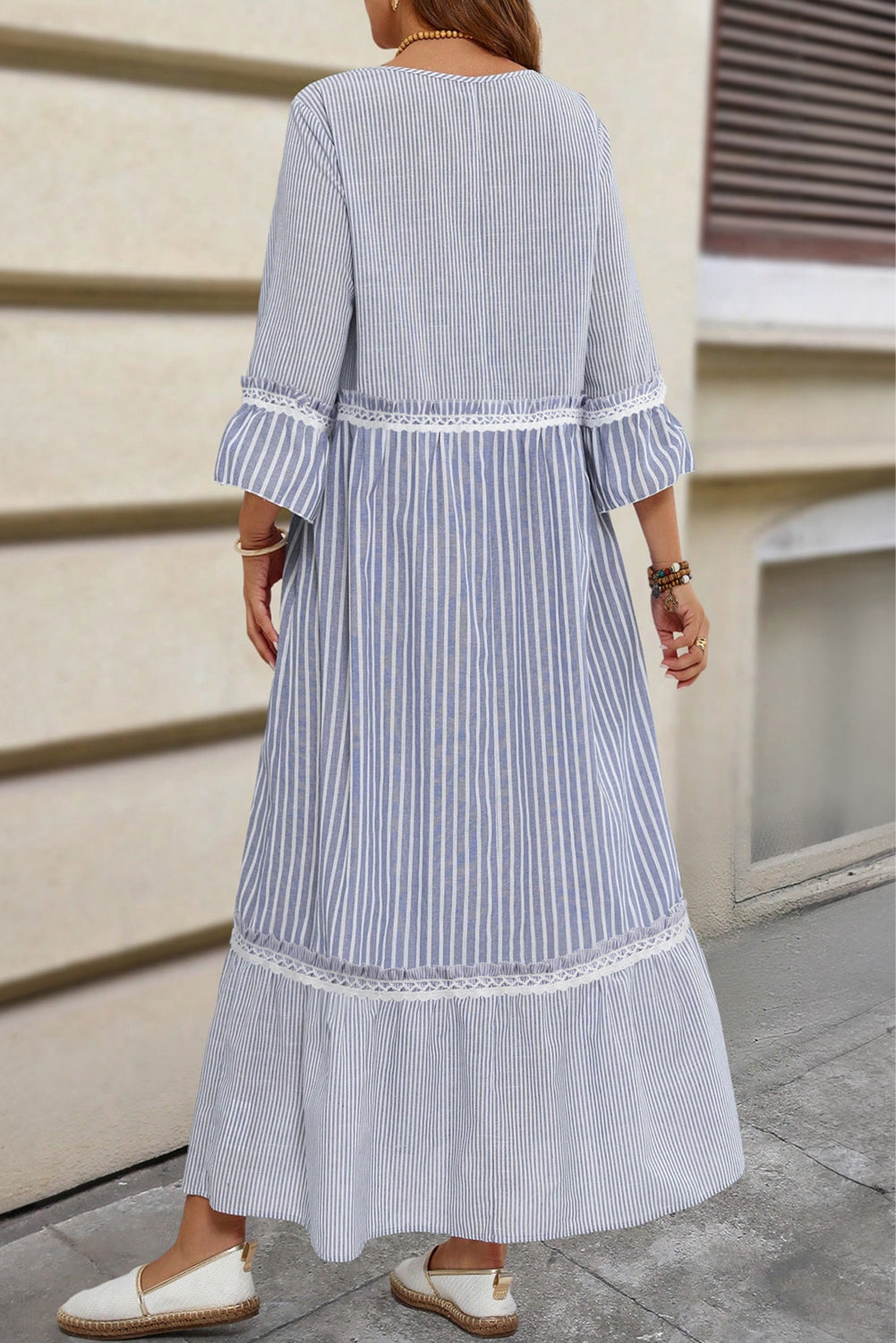 Stripe Patchwork Crossed Lace Detail Bracelet Sleeve Maxi Dress