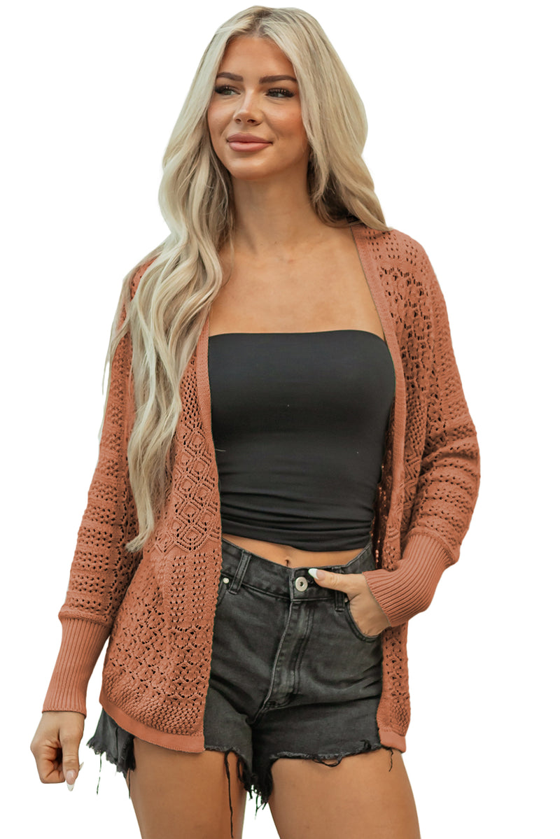 Brown Mix Pattern Hollowed Knit Open Front Cardigan