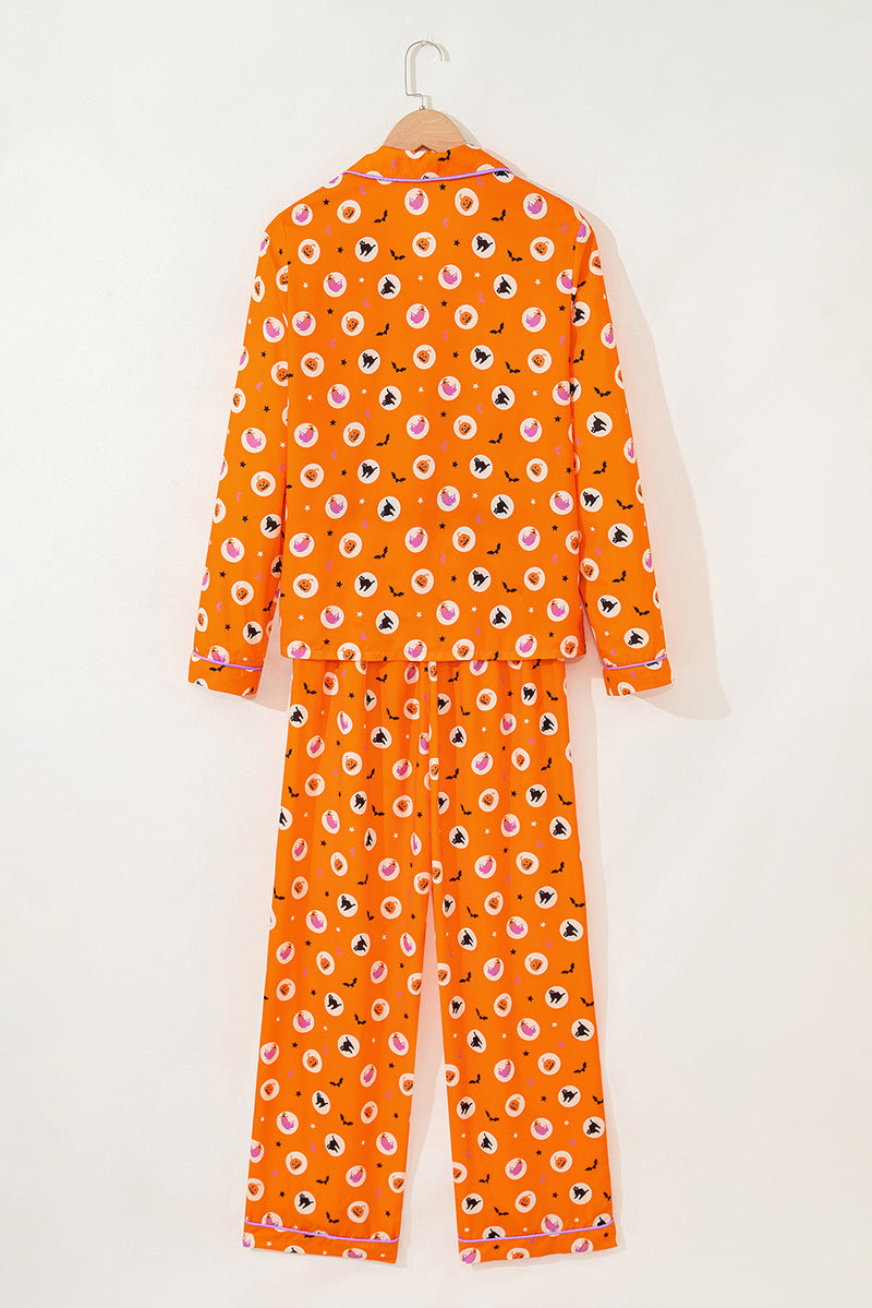 Halloween Print Lapel Shirt Long 2pcs Pajama Set