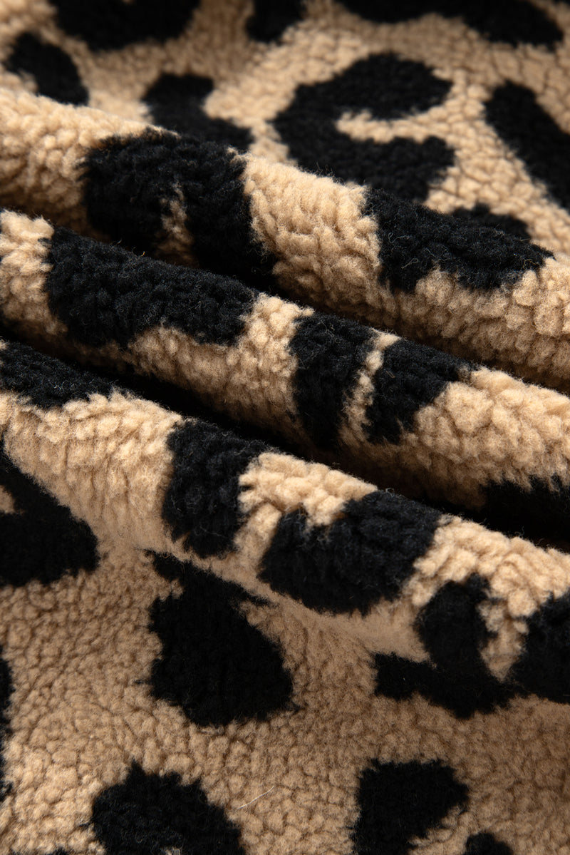 Leopard Sherpa Button Front Collared Plus Size Vest Jacket