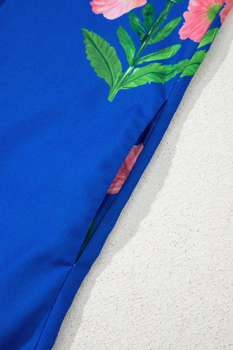 Floral Short Sleeve Split Neck Loose Mini Dress