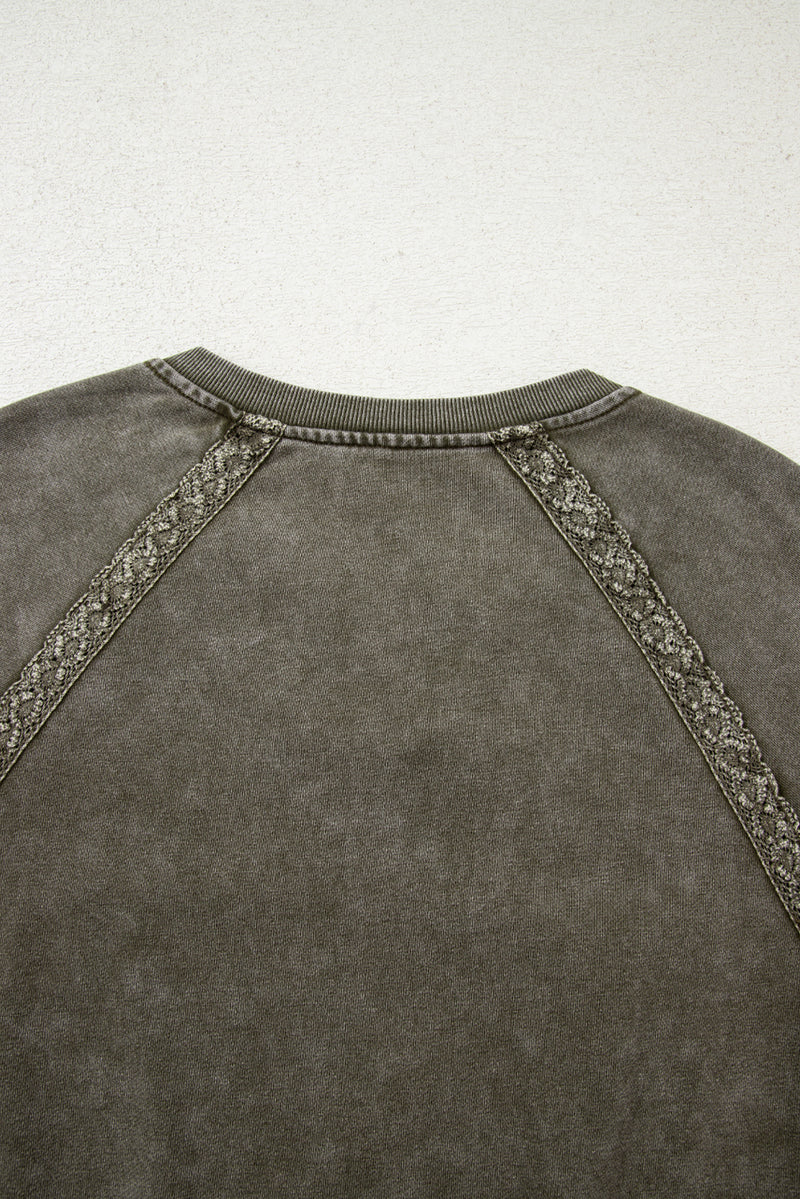 Lace Patchwork Detail Notched Neck Mineral Wash Baggy Sweatshirt
