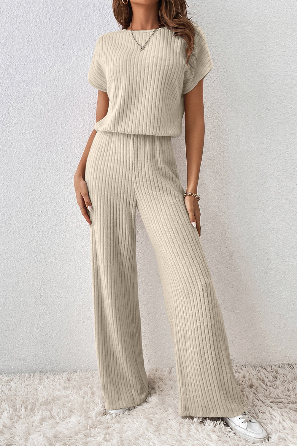 Solid Ribbed Keyhole Short Sleeve Wide Leg Jumpsuit