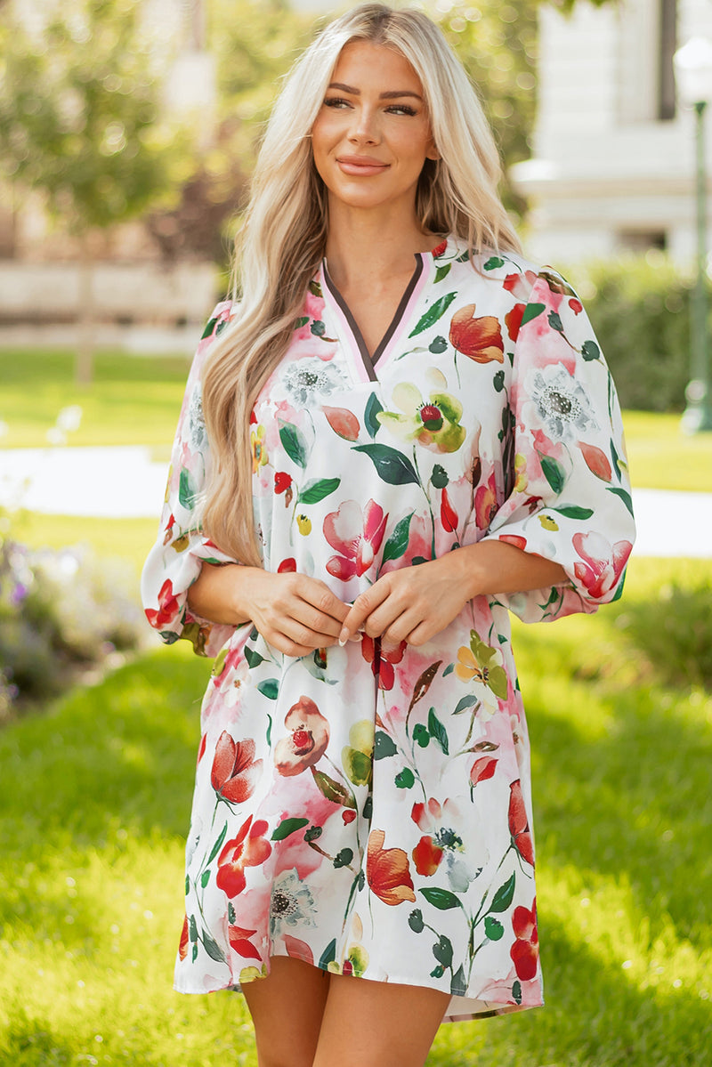 Floral Contrast Striped V Neck Puff Half Sleeve Shift Dress