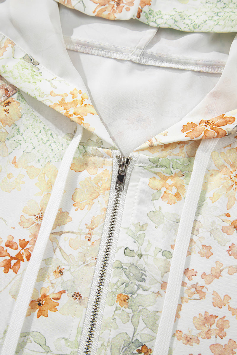 Floral Print Half Zip Hooded Long Sleeve Top